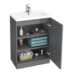 Apollo2 605mm Gloss Grey Open Shelf Floor Standing Vanity Unit -Modern Bathroom Shop ap2gfs6s ndetail1