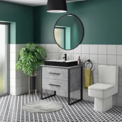 Arezzo Countertop Basin Unit - Concrete-Effect With Black Frame - 800mm Incl. Matt Black Basin -Modern Bathroom Shop az8cb2dblkd1