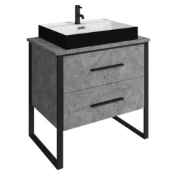 Arezzo Countertop Basin Unit - Concrete-Effect With Black Frame - 800mm Incl. Matt Black Basin -Modern Bathroom Shop az8cb2dblkl
