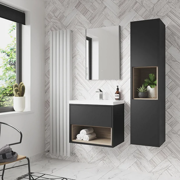 Arezzo Senza 500mm Matt Black / Vicenza Oak Wall Hung Vanity Unit With Open Shelf + Ceramic Basin 3 Arezzo Senza 500mm Matt Black / Vicenza Oak Wall Hung Vanity Unit With Open Shelf + Ceramic Basin