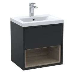 Arezzo Senza 500mm Matt Black / Vicenza Oak Wall Hung Vanity Unit With Open Shelf + Ceramic Basin 6 Arezzo Senza 500mm Matt Black / Vicenza Oak Wall Hung Vanity Unit With Open Shelf + Ceramic Basin -Modern Bathroom Shop azblavo5 l