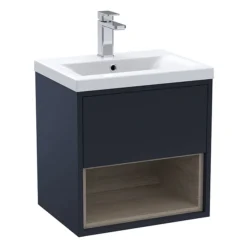 Arezzo Senza 500mm Matt Blue / Vicenza Oak Wall Hung Vanity Unit With Open Shelf + Ceramic Basin -Modern Bathroom Shop azbluvo5 l