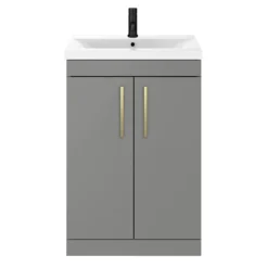 Arezzo 600 Matt Grey Floor Standing Vanity Unit With Brushed Brass Handles -Modern Bathroom Shop azg6fsvbb d3