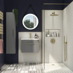 Arezzo Wall Hung Vanity Unit - Matt Grey - 600mm With Industrial Style Brushed Brass Handle -Modern Bathroom Shop azg6whvbbis d3