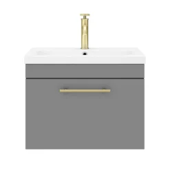 Arezzo Wall Hung Vanity Unit - Matt Grey - 600mm With Industrial Style Brushed Brass Handle -Modern Bathroom Shop azg6whvbbis d4