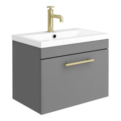 Arezzo Wall Hung Vanity Unit - Matt Grey - 600mm With Industrial Style Brushed Brass Handle -Modern Bathroom Shop azg6whvbbis l