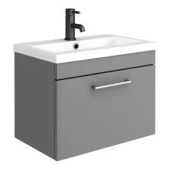 Arezzo 600 Matt Grey Wall Hung 1-Drawer Vanity Unit With Chrome Handle -Modern Bathroom Shop azg6whvch lrg