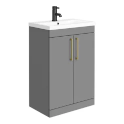 Arezzo Grey Floor Standing Vanity Unit, Tall Cabinet + Toilet Pack With Brass Handles 10 Arezzo Grey Floor Standing Vanity Unit, Tall Cabinet + Toilet Pack With Brass Handles -Modern Bathroom Shop azgbrfsp1 d1