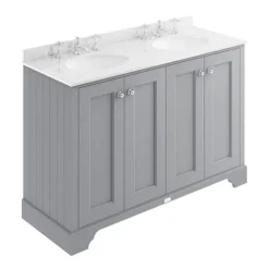 Bayswater Plummett Grey 1200mm 4 Door Vanity Unit & 3TH White Marble Double Bowl Basin Top