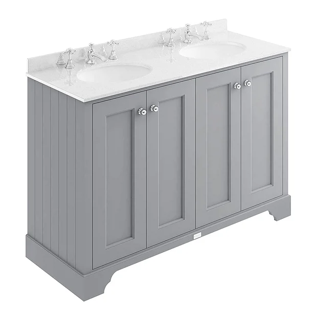 Bayswater Plummett Grey 1200mm 4 Door Vanity Unit & 3TH White Marble Double Bowl Basin Top 3 Bayswater Plummett Grey 1200mm 4 Door Vanity Unit & 3TH White Marble Double Bowl Basin Top