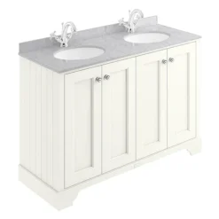 Bayswater Pointing White 1200mm 4 Door Vanity Unit & 1TH Grey Marble Double Bowl Basin Top