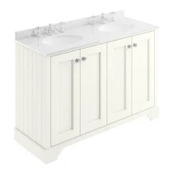 Bayswater Pointing White 1200mm 4 Door Vanity Unit & 3TH White Marble Double Bowl Basin Top