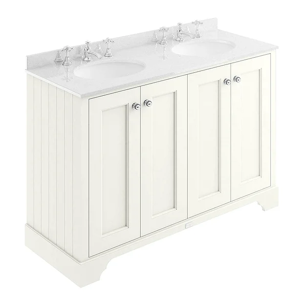 Bayswater Pointing White 1200mm 4 Door Vanity Unit & 3TH White Marble Double Bowl Basin Top 3 Bayswater Pointing White 1200mm 4 Door Vanity Unit & 3TH White Marble Double Bowl Basin Top