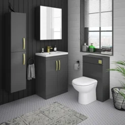 Brooklyn 600mm Gloss Grey Vanity Unit With Brushed Brass Handles