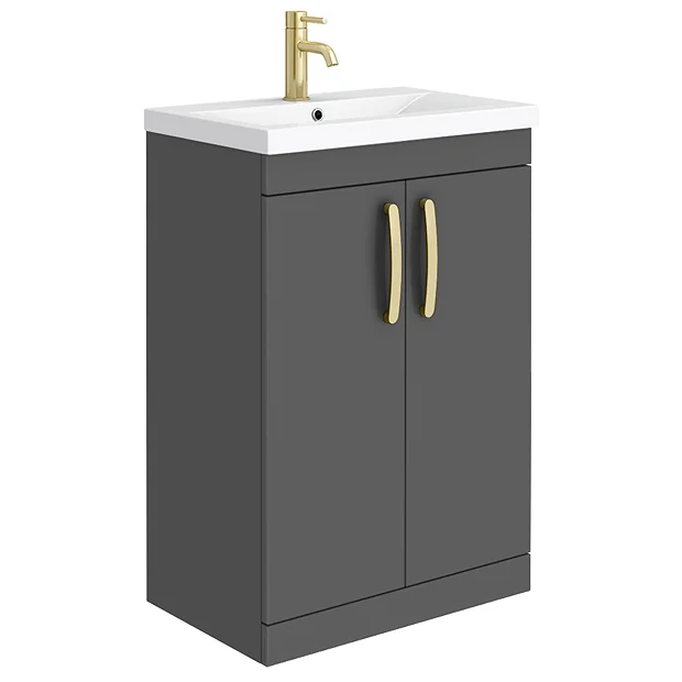 Brooklyn 600mm Gloss Grey Vanity Unit With Brushed Brass Handles 4 Brooklyn 600mm Gloss Grey Vanity Unit With Brushed Brass Handles - Image 2