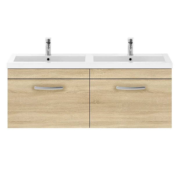 Brooklyn 1205mm Natural Oak Wall Hung 2 Drawer Double Basin Vanity Unit 3 Brooklyn 1205mm Natural Oak Wall Hung 2 Drawer Double Basin Vanity Unit