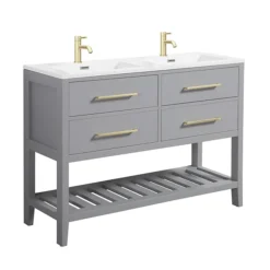 Montrose 1200mm Dove Grey Double Basin Vanity Unit With Brushed Brass Handles And Slatted Shelf -Modern Bathroom Shop mt12vdgbb l