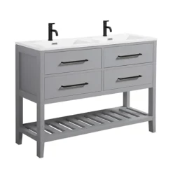 Montrose 1200mm Dove Grey Double Basin Vanity Unit With Matt Black Handles And Slatted Shelf -Modern Bathroom Shop mt12vdgmb l