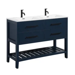 Montrose 1200mm Indigo Blue Double Basin Vanity Unit With Matt Black Handles And Slatted Shelf -Modern Bathroom Shop mt12vmimb l