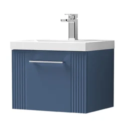 Roxbury Deco Fluted 500mm Blue Vanity Unit - Wall Hung Single Drawer Unit With Chrome Handle -Modern Bathroom Shop rxbdwh5bl