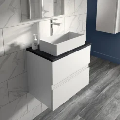 Hudson Reed Urban 600mm Satin White Vanity Unit - Wall Hung 2 Drawer Unit With Black Worktop -Modern Bathroom Shop urb104lsb d1