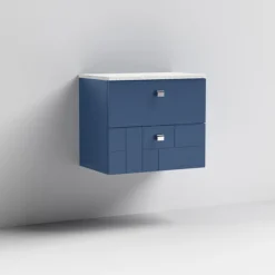 Venice Abstract 600mm Blue Vanity Unit - Wall Hung 2 Drawer Unit With White Worktop & Chrome Handles -Modern Bathroom Shop vwh6bluwhi d1