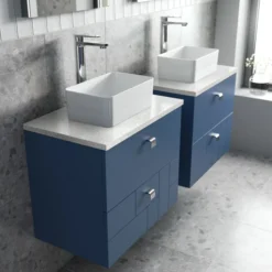 Venice Abstract 600mm Blue Vanity Unit - Wall Hung 2 Drawer Unit With White Worktop & Chrome Handles -Modern Bathroom Shop vwh6bluwhi d2