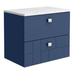 Venice Abstract 600mm Blue Vanity Unit - Wall Hung 2 Drawer Unit With White Worktop & Chrome Handles -Modern Bathroom Shop vwh6bluwhinl