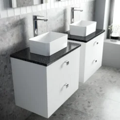 Venice Abstract 600mm White Vanity Unit - Wall Hung 2 Drawer Unit With Black Worktop & Chrome Handles 12 Venice Abstract 600mm White Vanity Unit - Wall Hung 2 Drawer Unit With Black Worktop & Chrome Handles -Modern Bathroom Shop vwh6whiblk d1