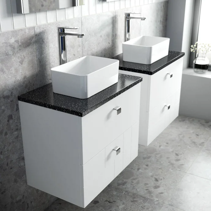 Venice Abstract 600mm White Vanity Unit - Wall Hung 2 Drawer Unit With Black Worktop & Chrome Handles 7 Venice Abstract 600mm White Vanity Unit - Wall Hung 2 Drawer Unit With Black Worktop & Chrome Handles - Image 5