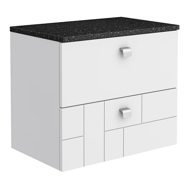 Venice Abstract 600mm White Vanity Unit - Wall Hung 2 Drawer Unit With Black Worktop & Chrome Handles 4 Venice Abstract 600mm White Vanity Unit - Wall Hung 2 Drawer Unit With Black Worktop & Chrome Handles - Image 2